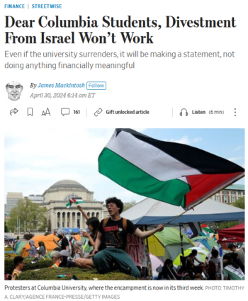 WSJ: Dear Columbia Students, Divestment From Israel Won’t Work