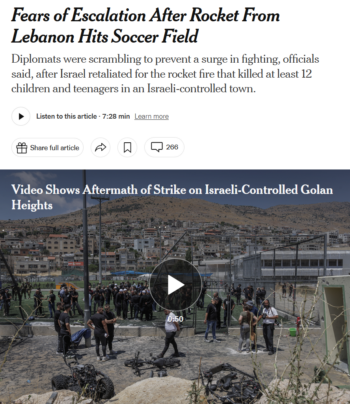 NYT: Fears of Escalation After Rocket From Lebanon Hits Soccer Field