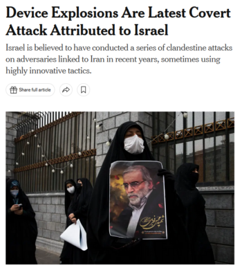 NYT: Device Explosions Are Latest Covert Attack Attributed to Israel
