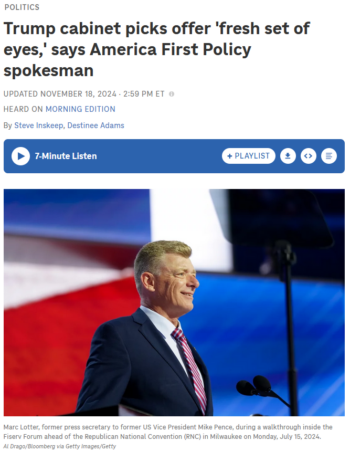 NPR: Trump cabinet picks offer 'fresh set of eyes,' says America First Policy spokesman