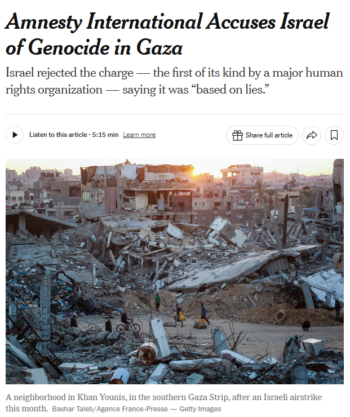 NYT: Amnesty International Accuses Israel of Genocide in Gaza