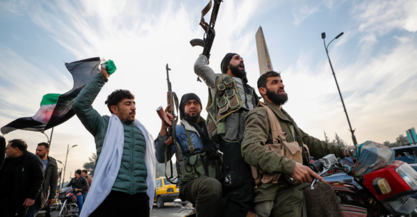 Washington Post depiction of opposition fighters celebrating after the collapse of the Syrian government.