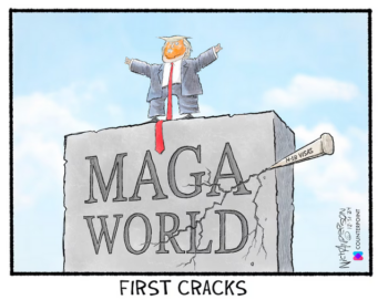 Cartoon depicting the H-1B visa issue putting the first cracks into "MAGA World"