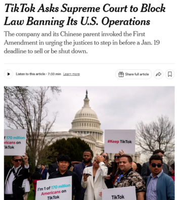 NYT: TikTok Asks Supreme Court to Block Law Banning Its U.S. Operations