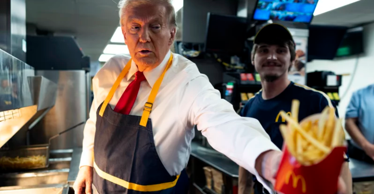 NPR depiction of Donald Trump pretending to be a McDonald's worker (photo: Doug Mills/Getty Images)