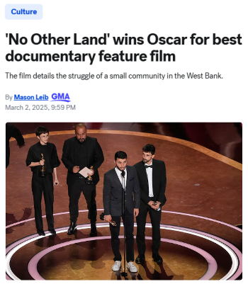 ABC: No Other Land wins Oscar for best documentary feature film