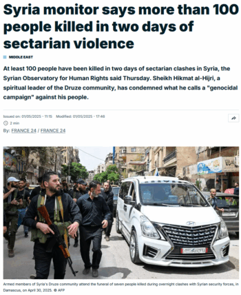France 24: Syria monitor says more than 100 people killed in two days of sectarian violence