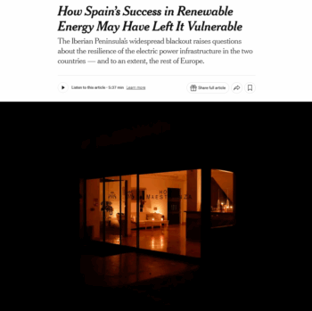 NYT: How Spain’s Success in Renewable Energy May Have Left It Vulnerable