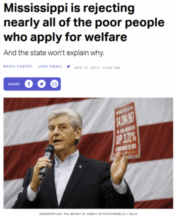 Think Progress: Mississippi is rejecting nearly all of the poor people who apply for welfare