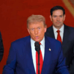 Donald Trump addressing the cameras about Iran.