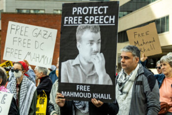 Protest for Mahmoud Khalil at ICE headquarters: "Protect Free Speech: Free Mahmoud Khalil" "Free Gaza, Free DC, Free Mahmoud" (photo: Diane Krauthamer)