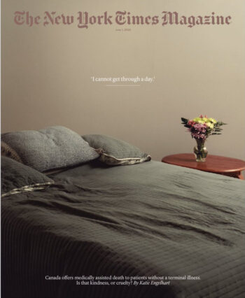 NYT Magazine cover showing an empty bed with the words, "I cannot get through a day."