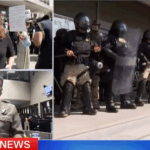 CNN Erin Burnett interviewing LA County Sheriff Robert Luna with a split screen of LAPD riot police.