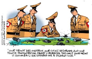 Nazi officers gathered around Hitler, who has been promised a student visa by Columbia.