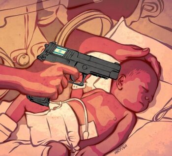 An IDF soldier holds a gun to the head of a baby. 