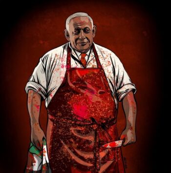 Israeli Prime Minister Benjamin Netanyahu covered with blood and holding a knife.
