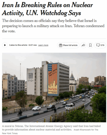 NYT: Iran Is Breaking Rules on Nuclear Activity, U.N. Watchdog Says