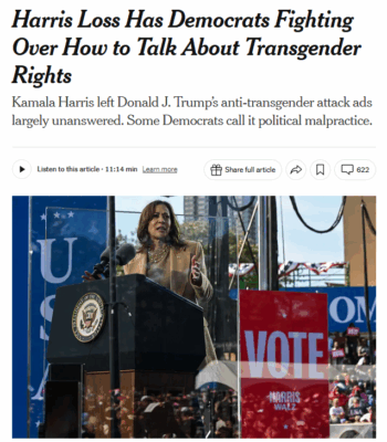 NYT: Harris Loss Has Democrats Fighting Over How to Talk About Transgender Rights