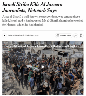 New York Times: Israeli Strike Kills Al Jazeera Journalists, Network Says