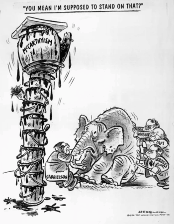 A Republican elephant reluctant to stand atop a tower of smears labeled McCarthyism
