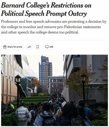 NYT: Barnard College’s Restrictions on Political Speech Prompt Outcry