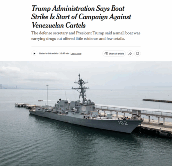 NYT: Trump Administration Says Boat Strike Is Start of Campaign Against Venezuelan Cartels