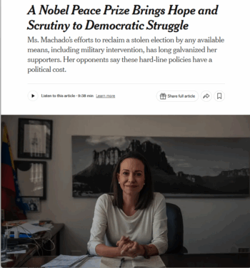 NYT: A Nobel Peace Prize Brings Hope and Scrutiny to Democratic Struggle