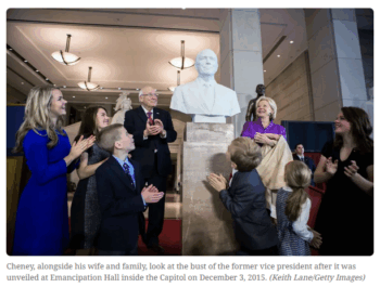 CNN depiction of Dick Cheney and family looking at his statue in the Capitol.
