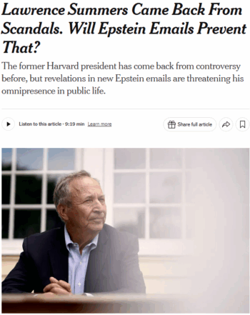 NYT: Lawrence Summers Came Back From Scandals. Will Epstein Emails Prevent That?