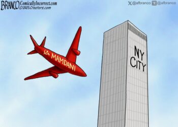 AF Branco cartoon showing a plane labeled Mamdani flying into a building labeled "NY City."