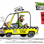 Cartoon by Henry Payne depicting Mamdani as a Communist cab driver intent on killing Jews.