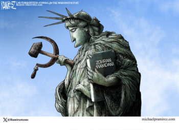 Cartoon by Michael Ramirez of the Statue of Liberty holding a hammer and sickle.