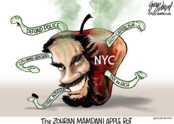 Gary Varvel cartoon depicting Zohran Mamdani as a rotten apple.