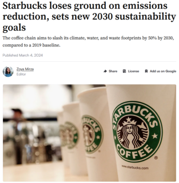 ESG Dive: Starbucks loses ground on emissions reduction, sets new 2030 sustainability goals