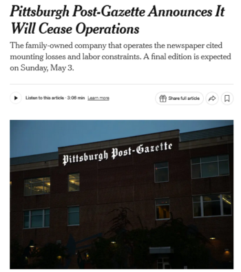 NYT: Pittsburgh Post-Gazette Announces It Will Cease Operations