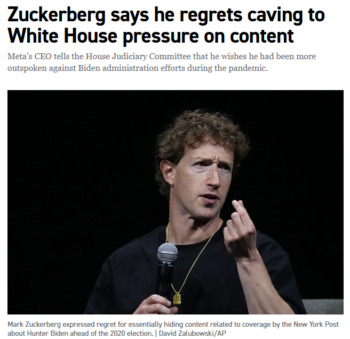 Politico: Zuckerberg says he regrets caving to White House pressure on content