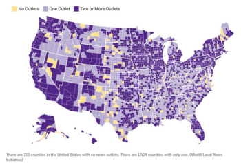 Map of counties with no, one, or two or more news outlets.