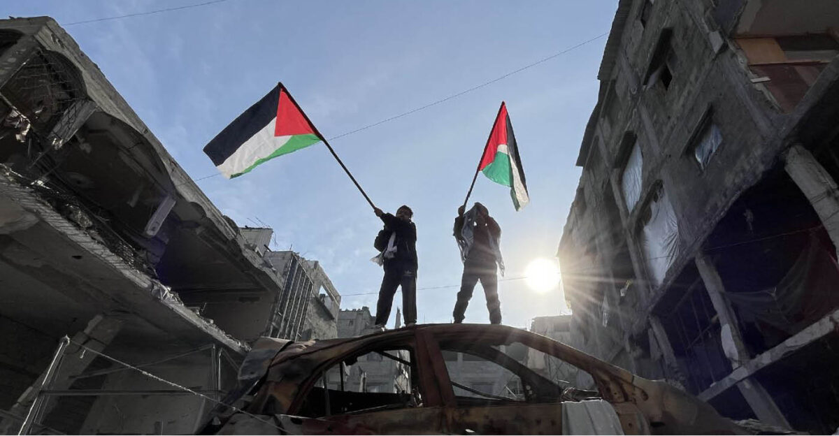 The Nation's depiction of two people waving Palestinian flags in Gaza. (photo: Ferial Abdu / Anadolu via Getty Images)