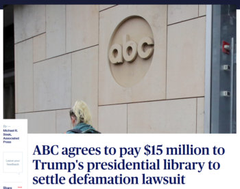 AP: ABC agrees to pay $15 million to Trump's presidential library to settle defamation lawsuit