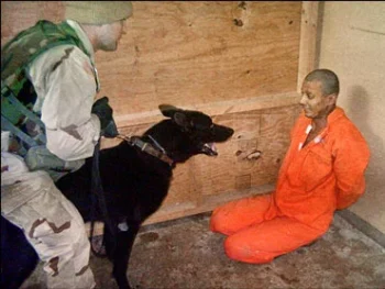 Prisoner menaced by a dog at Abu Ghraib/