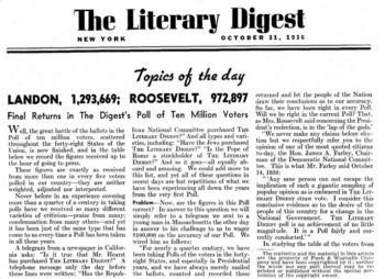 Literary Digest predicts a landslide victory for Alf Landon in the 1936 election