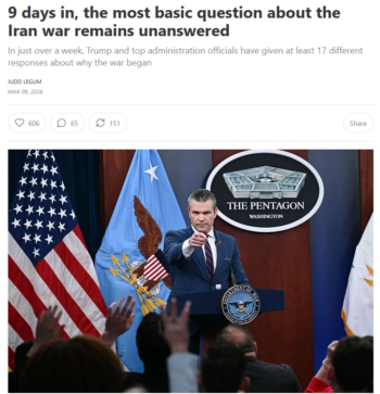 Popular Info: 9 days in, the most basic question about the Iran war remains unanswered