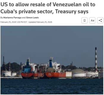 Reuters: US to allow resale of Venezuelan oil to Cuba's private sector, Treasury says