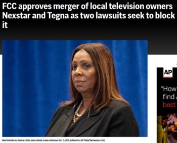 AP: FCC approves merger of local television owners Nexstar and Tegna as two lawsuits seek to block it