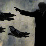 New York Times photo illustration of Donald Trump directing bombers against Iran