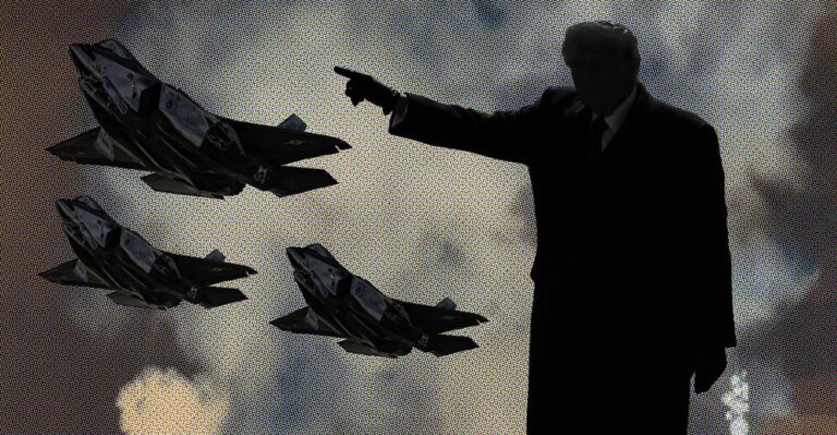 New York Times photo illustration of Donald Trump directing bombers against Iran