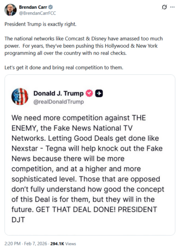 Brendan Carr on X: President Trump is exactly right.The national networks like Comcast & Disney have amassed too much power. For years, they’ve been pushing this Hollywood & New York programming all over the country with no real checks. Let’s get it done and bring real competition to them.