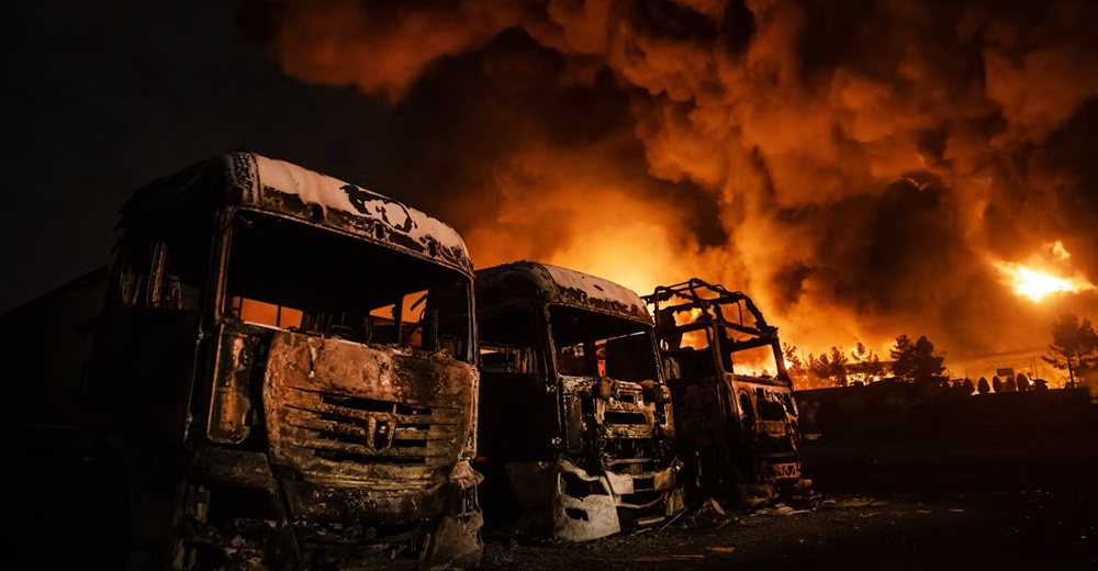 New Republic depiction of a fire at an Iranian oil facility caused by US/Israeli attacks (photo: Hassan Ghaedi/Getty Images)