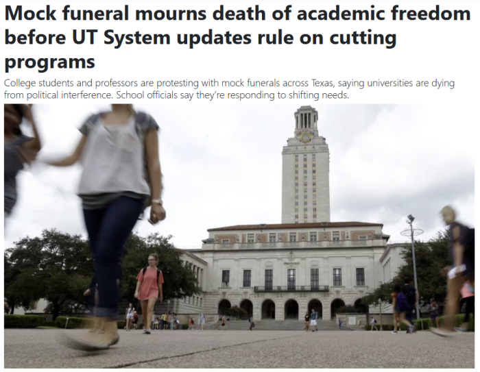 KWTX: Mock funeral mourns death of academic freedom before UT System updates rule on cutting programs