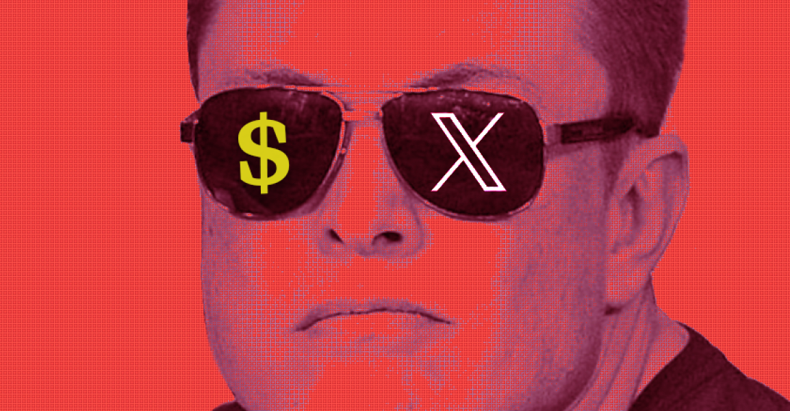 Elon Musk with dollar sign and X logo in his sunglasses -- Media Matters illustration